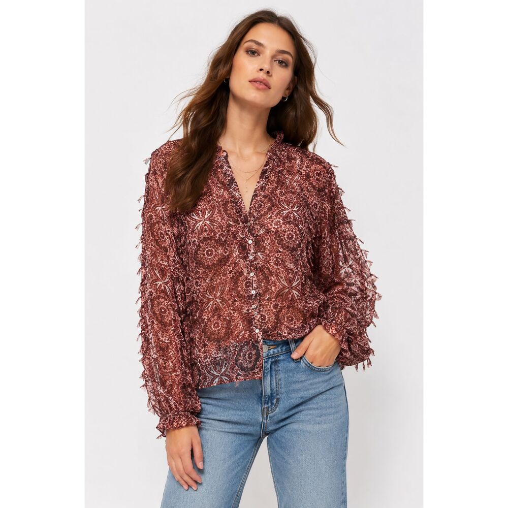 Zara Women's M Boho Sheer Tassel Trim Floral Button Front Blouse Burgundy NWT